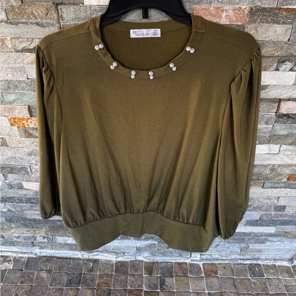 89th & Madison Olive Green Women's Top with Pearl Accents
